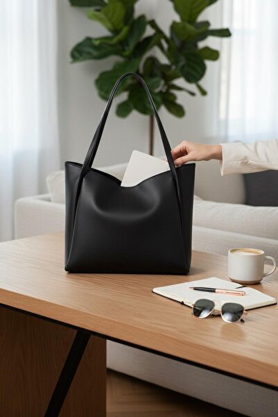 rafiel Siyah Deri Görünümlü Büyük Kol Çantası - Minimalist Tote Çanta