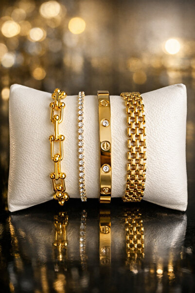 Crc Bijuteri سوار نسائي من الفولاذ المقاوم للصدأ مكون من 4 قطع باللون الذهبي