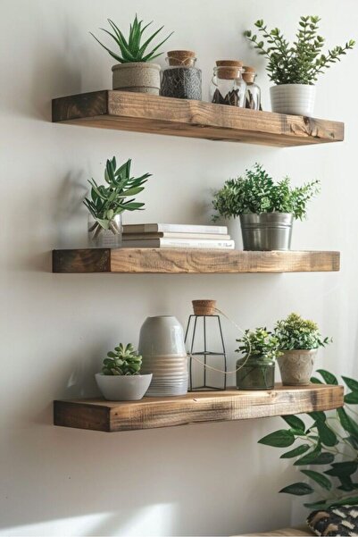 AHŞAP ÖTESİ 3’lü Doğal Ahşap Duvar Rafı Seti – 50/70 cm, Gizli Askı Sistemli,...