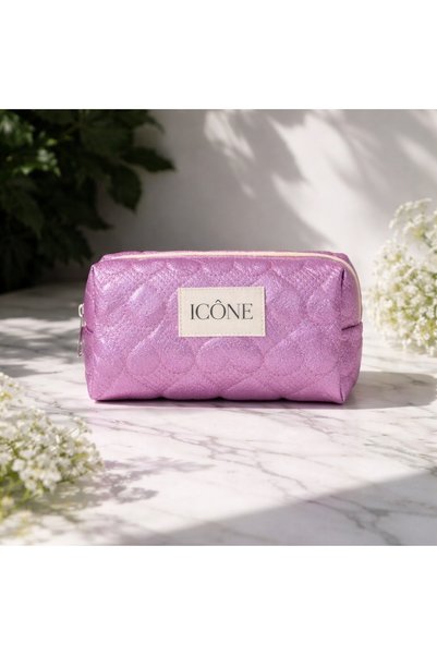 ICONE BAG Heart Quilted Embroidered Metallic Color Makeup Bag Pcs, Metallic Purple Faux Leather Makeup Bag Pcs