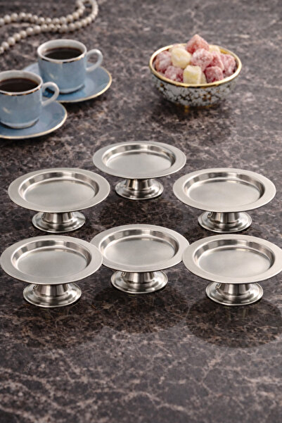 MGEStore 6'lı Gümüş Mini Dekoratif Lokumluk Kahve Yanı Metal Sunumluk Makaron...