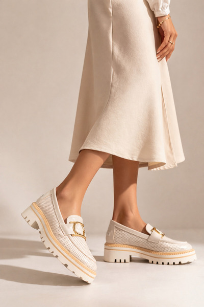 Mammamia Kadın Deri Casual Ayakkabı - Ortopedik - Loafer - Bej Renk - Toka De...