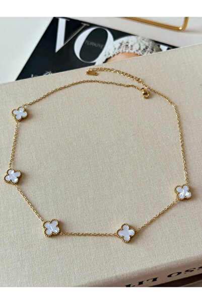 YOUES JEWELRY 316l Çelik Kadın Kolye Gold Beyaz Ekru Çift Taraflı Kolye