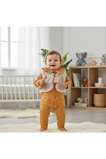 ALTINTAŞ BABY Çiçek Desenli Fitilli Esnek Kumaş Çıtçıtlı Peluş Yelekli Mevsim...