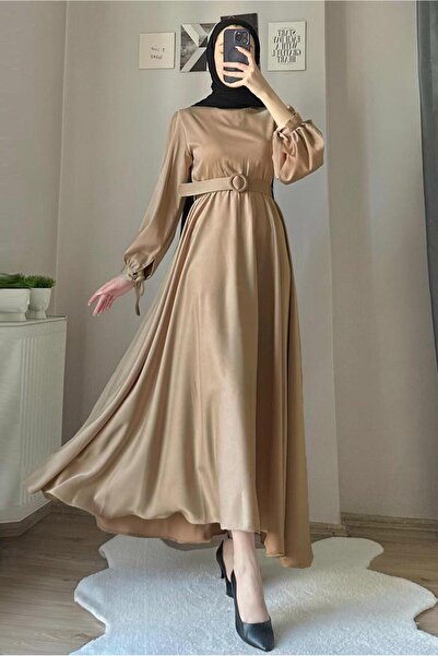 TRENDTESETTÜR KADIN KAHVE (K.CAMEL) KEMERLİ SATEN ABİYE ELBİSE T 1395