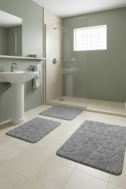 ÇELEBİ HOME TEKSTİL Gri Pamuk Banyo Paspası Makinede Yıkanabilir Kaymaz Taban...