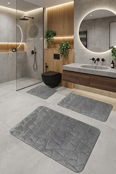 ÇELEBİ HOME TEKSTİL Gri Pamuk Banyo Paspası Makinede Yıkanabilir Kaymaz Taban...