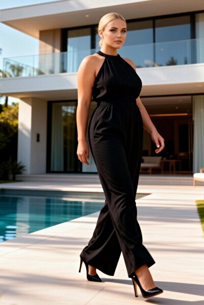 BENERLY Salopetă pentru femei, mărime mare, cu guler halter, fără mâneci, țes...