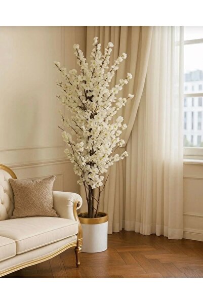 Altun Çiçekcilik Yapay Ağaç Beyaz Bahar Dalı 170 Cm Lux Metal Saksı Dahil
