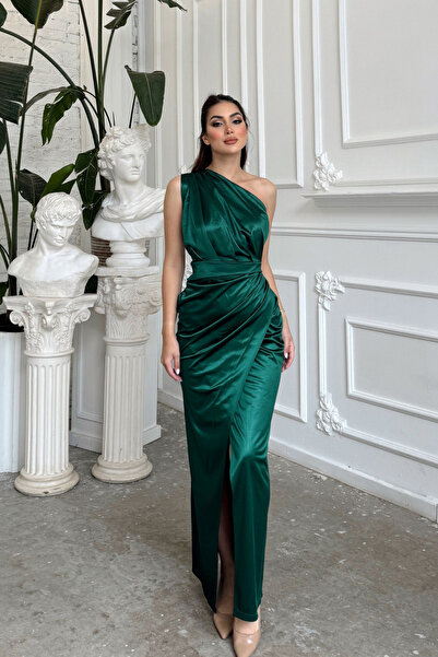 Mekafashion Emerald One Sleeve ντραπέ σατέν βραδινό φόρεμα - 582856