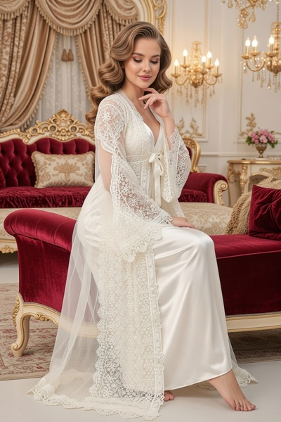 big mama طقم ثوب نوم طويل من الساتان، ملابس استعداد للزفاف، ملابس شهر العسل م...