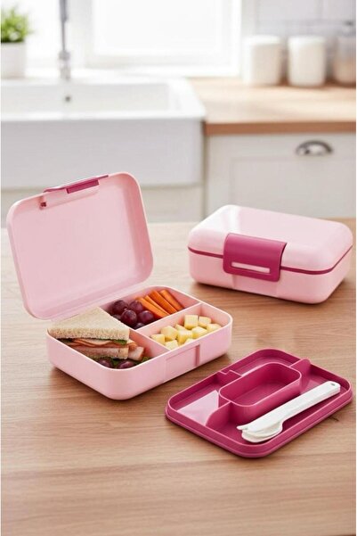 Bayev Pembe Katlı Bölmeli Kilitli Beslenme Kutusu Ve Kaşık Seti Çerez Ekmek S...