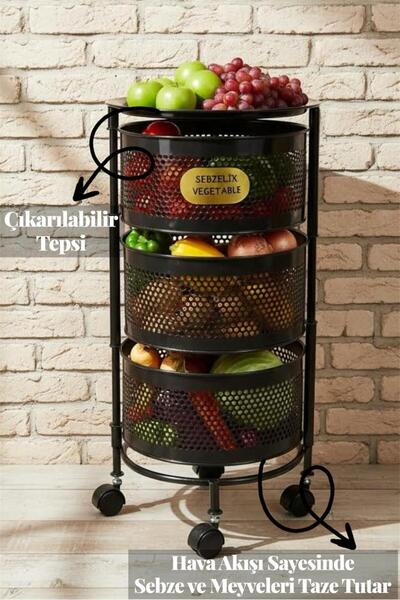 Bayev 3 Katlı Yana Açılır Siyah Tekerlekli Patates Soğan Sepeti Sebze Meyve S...