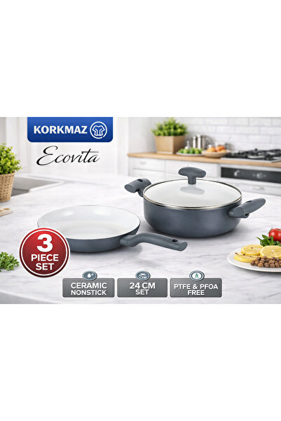 korkmaz züccaciye طقم أواني طهي كوركماز إيكوفيتا A1560 مكون من 3 قطع، 24 سم -...