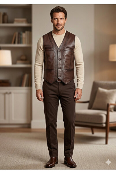 Savran Deri KAHVERENGİ ERKEK KLASİK HAKİKİ DERİ YELEK