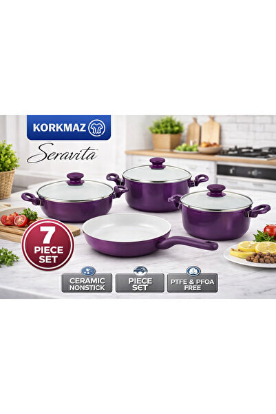 korkmaz züccaciye Korkmaz Seravita 7 Piece Nonstick Ceramic Cookware Set A151...