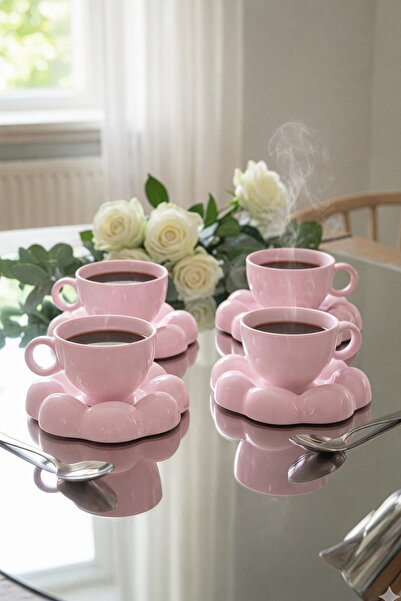 Yumuk Shop طقم فناجين قهوة وردي من سلسلة بافي لـ 4 أشخاص