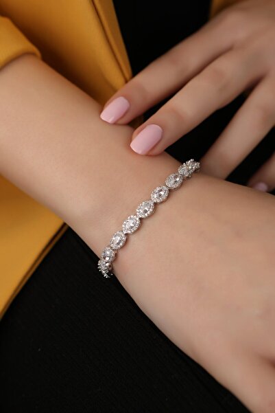 SUNSHINE 925 Ayar Oval Pırlanta Montur Kutu Kilitli Su Yolu Bileklik 18cm