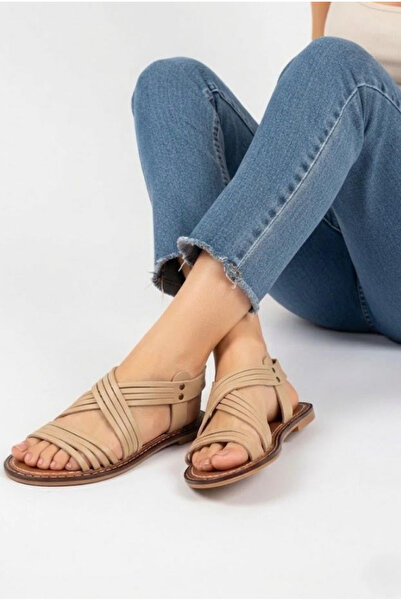 Deripabuc Γνήσιο δέρμα μπεζ γυναικεία δερμάτινα σανδάλια Dp28-0863