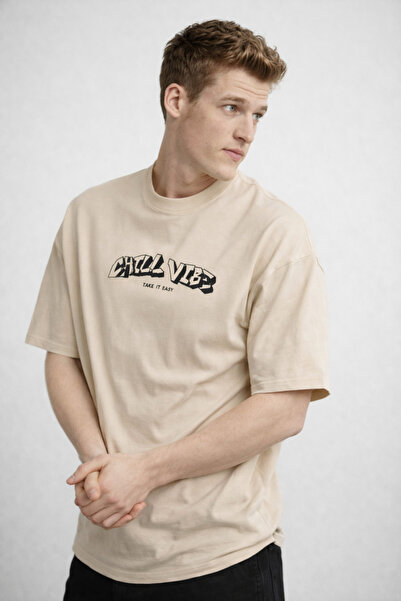 COMBİNE MİCHAİL تي شيرت رجالي كريمي كبير الحجم مطبوع عليه CHILL