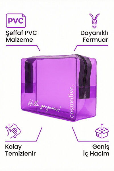 Cosmolive Şeffaf Seyahat Cilt Bakım, Makyaj ve Kozmetik Düzenleme Çantası PVC Mor_Large.