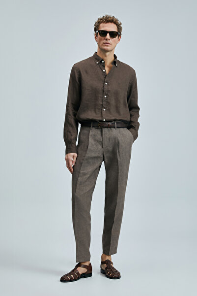 Lufian Pitaya Erkek Keten Gömlek Comfort Fit Kahverengi