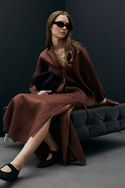 Lufian Ate Γυναικεία Λινό Φούστα Καφέ