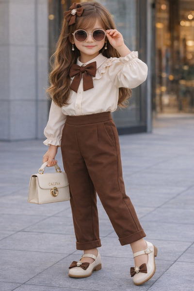 CALİSA Girl's Festive Outfit Set with Bow, Blouse and Pants, Stylish Combinat...