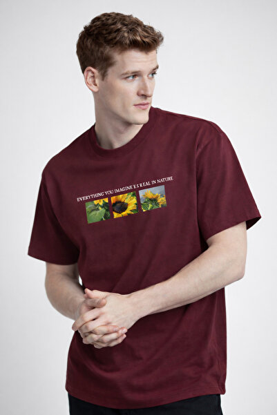 COMBİNE MİCHAİL Erkek Çiçek Baskılı Oversize Bordo Tişört