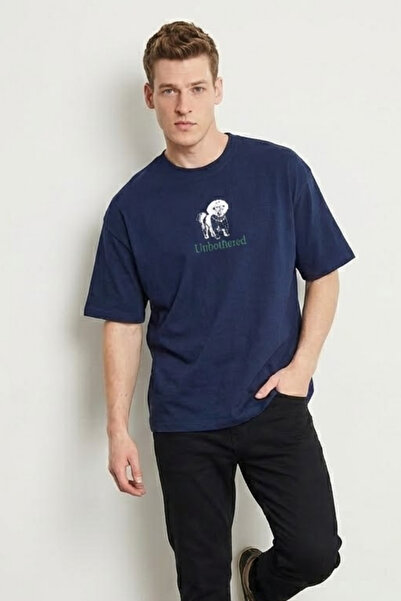 COMBİNE MİCHAİL تي شيرت رجالي كبير الحجم مطبوع عليه كلب باللون الأزرق الداكن