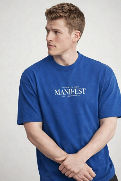 COMBİNE MİCHAİL Erkek Manifest Baskılı Oversize Mavi Tişört