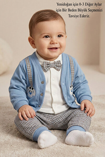 mini pakel organics Erkek Bebek Mavi Köpek Figürlü Papyonlu Hırkalı Ekose Pan...