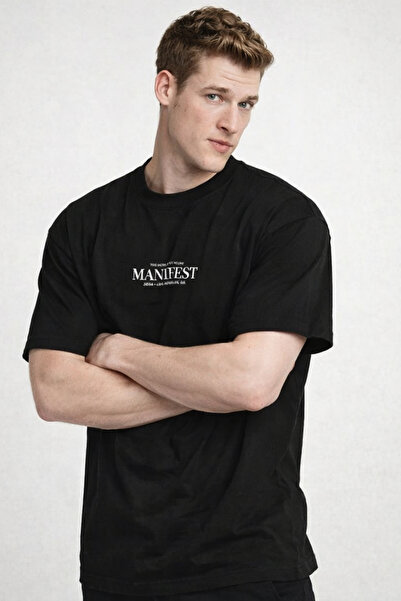 COMBİNE MİCHAİL تي شيرت أسود كبير الحجم مطبوع عليه مانيفست للرجال