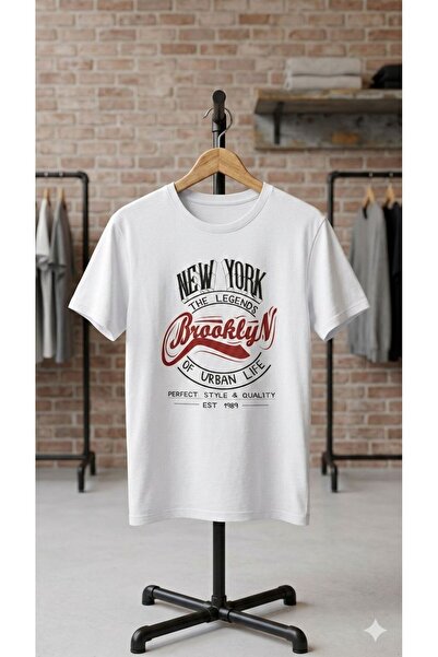 Duzor Men's Oversize White T-Shirt 100% Cotton New York Patterned Casual Short Sleeve