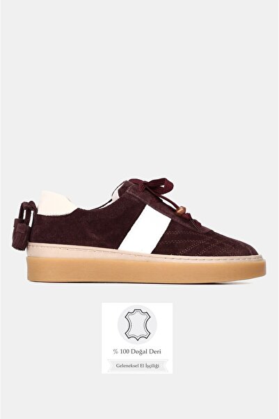 TUNAELLİ حذاء رياضي نسائي من الجلد الطبيعي باللون العنابي مقاس 36-41 برباط