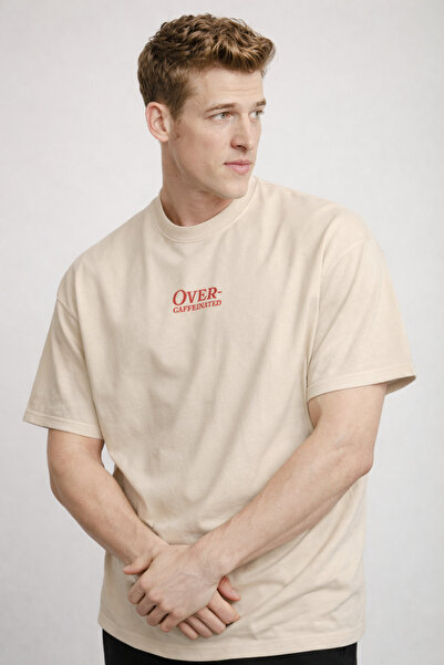 COMBİNE MİCHAİL Erkek Over Yazı Baskı Oversize Krem Tişört