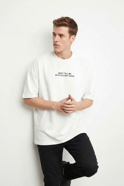 COMBİNE MİCHAİL Erkek Yazı Baskılı Kısa Kollu Ekru Tişört