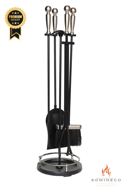 SOMINECO 5 Li  Premium İthal Döküm Gümüş  Başlıklı Yuvarlak Şömine-Soba Maşa Takımı Aksesuar Seti SGY015