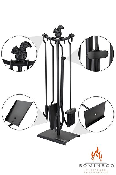 SOMINECO 5 Li Lüx Ithal Metal Sincap Motif Kabartmalı Şömine -soba Maşa Takımı Aksesuar Seti -ss015