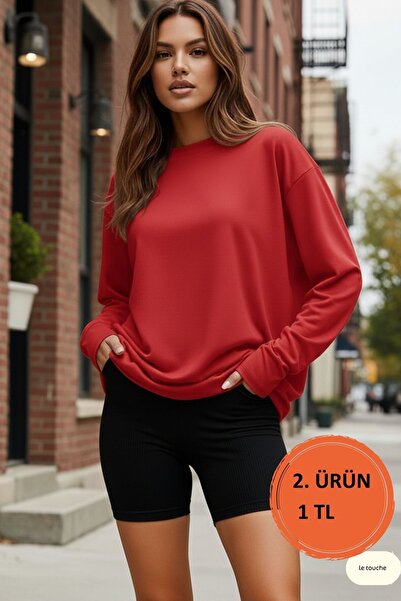 Le Touche Kadın Kırmızı Relax Fit Rahat Kesim %100 Pamuk Uzun Kollu Bisiklet ...