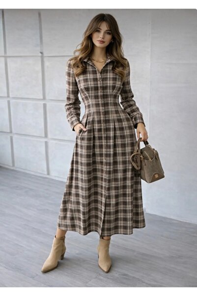 Vesua KAHVERENGİ EKOSELİ DÜĞMELİ BELDEN OTUTTURMALI CEPLİ GÖMLEK ELBİSE