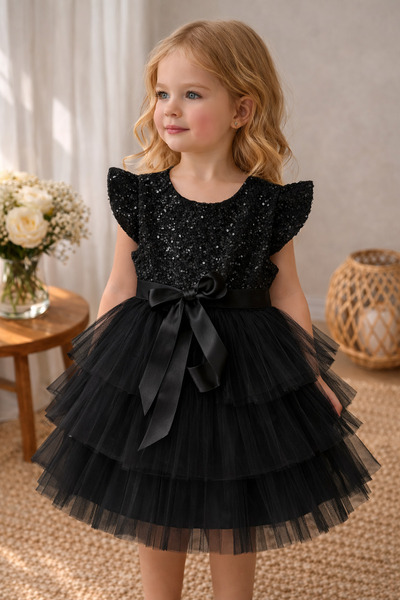 Uğur bebe Rochie de seară pentru fete, cu paiete negre, cu straturi pufoase, ...