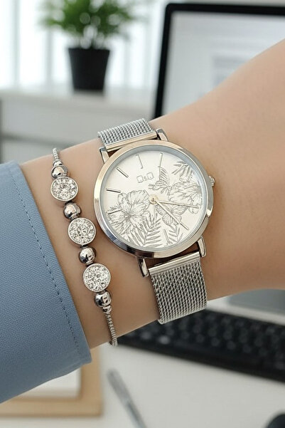 Q&Q Hasır Çelik Bilezik Kadın Kol Saati, Taşlı Bileklik Hediyeli