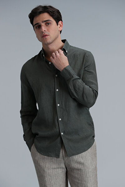 Lufian Pitaya Erkek Keten Gömlek Comfort Fit Haki