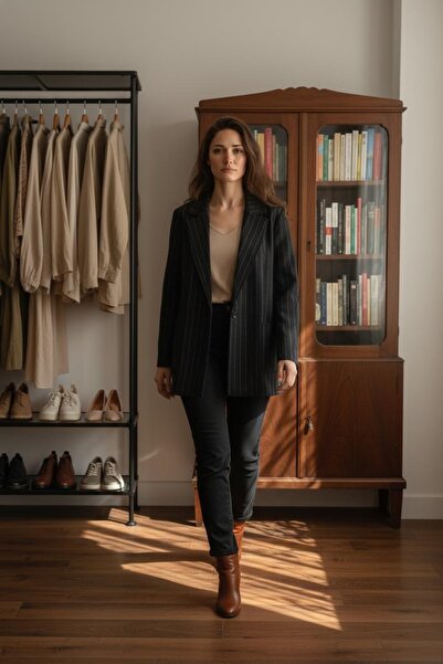 ASELMAVİ Kadın Çizgili Kruvaze Ceket