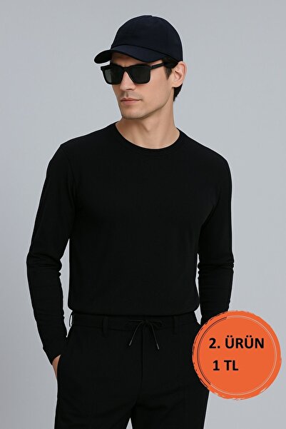 Le Touche Erkek Siyah Uzun Kollu Bisiklet Yaka Relax Fit Rahat Kesim %100 Pam...