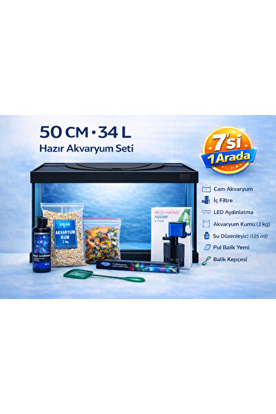 aqua royal pet 50 cm 34 L Siyah Hazır Akvaryum Seti – LED Aydınlatmalı, İç Fi...