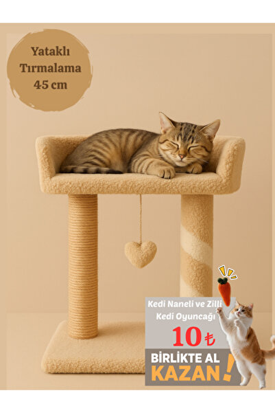 Peluş Dokulu Yumuşacık 2 Katlı Yataklı-oyun Alanlı Kedi Tırmalama Tahtası 55cm Soft Renkler