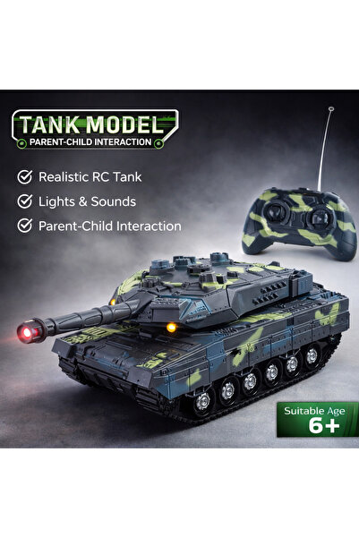 LEAN Tanc Militar cu Telecomanda Moro, Sunete de Impuscaturi, LED, 34 cm