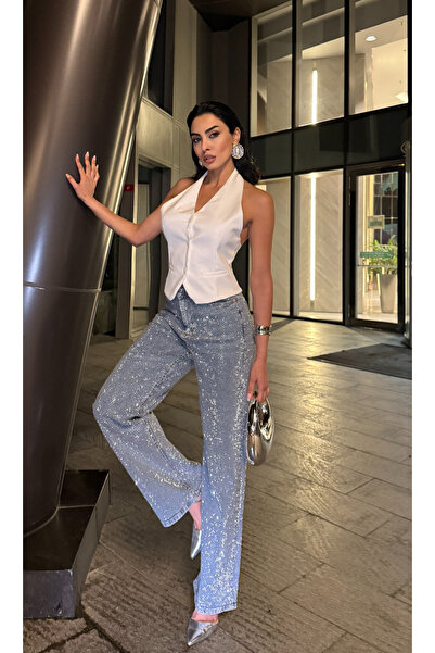 GLAMMOSS L'Atelier Ön Arka Full Premium Kristal Taşlı Palazzo Jean